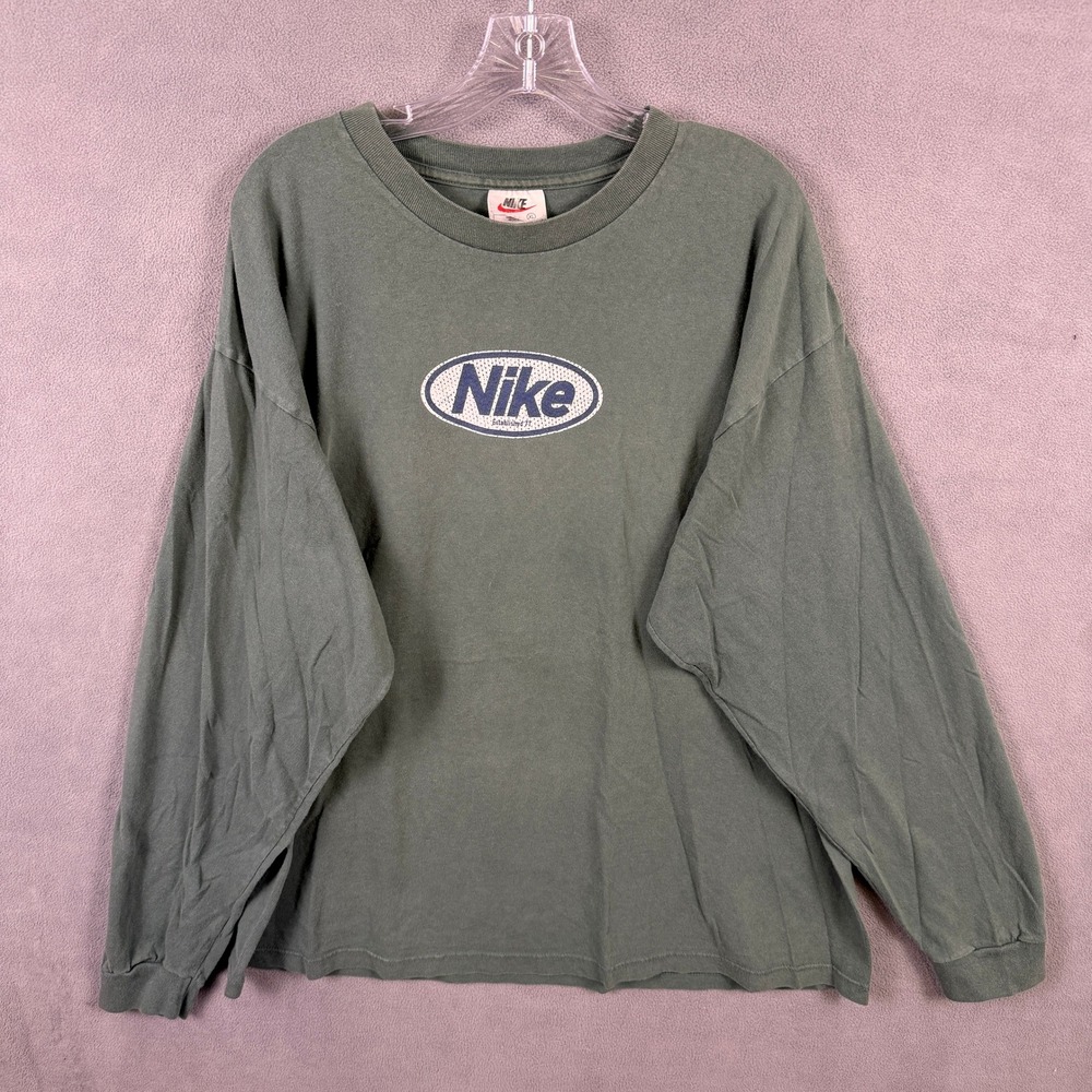 VTG Y2K Nike Long Sleeve Shirt Mens XL Green Oval Logo Crew Neck Tee